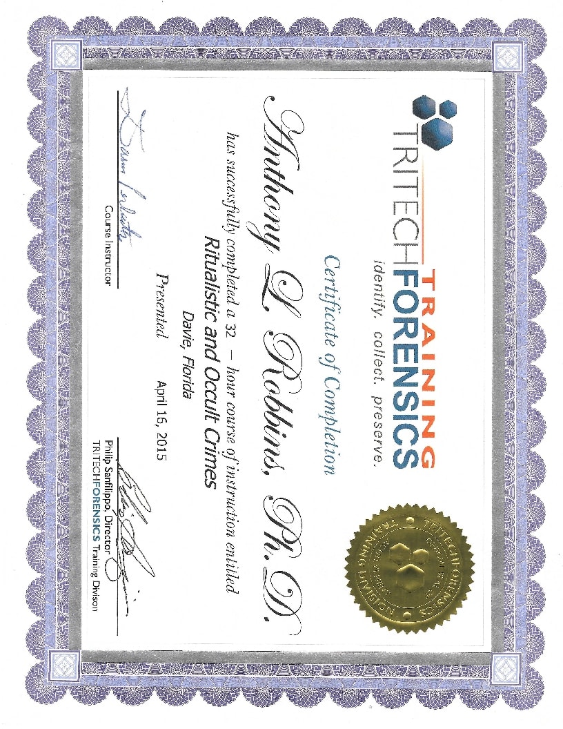 TRITECHFORENSICS Certificate of Completion — Ritualistic and Occult Crimes, April 2015