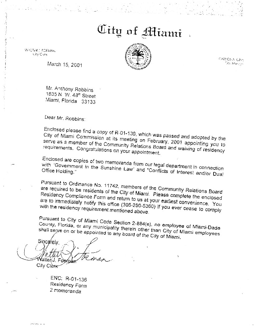 City of Miami — Community Relations Board appointment letter, 2001