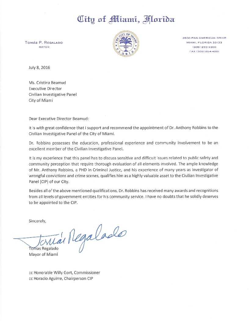 Mayor of Miami recommendation letter for Civilian Investigative Panel, 2016