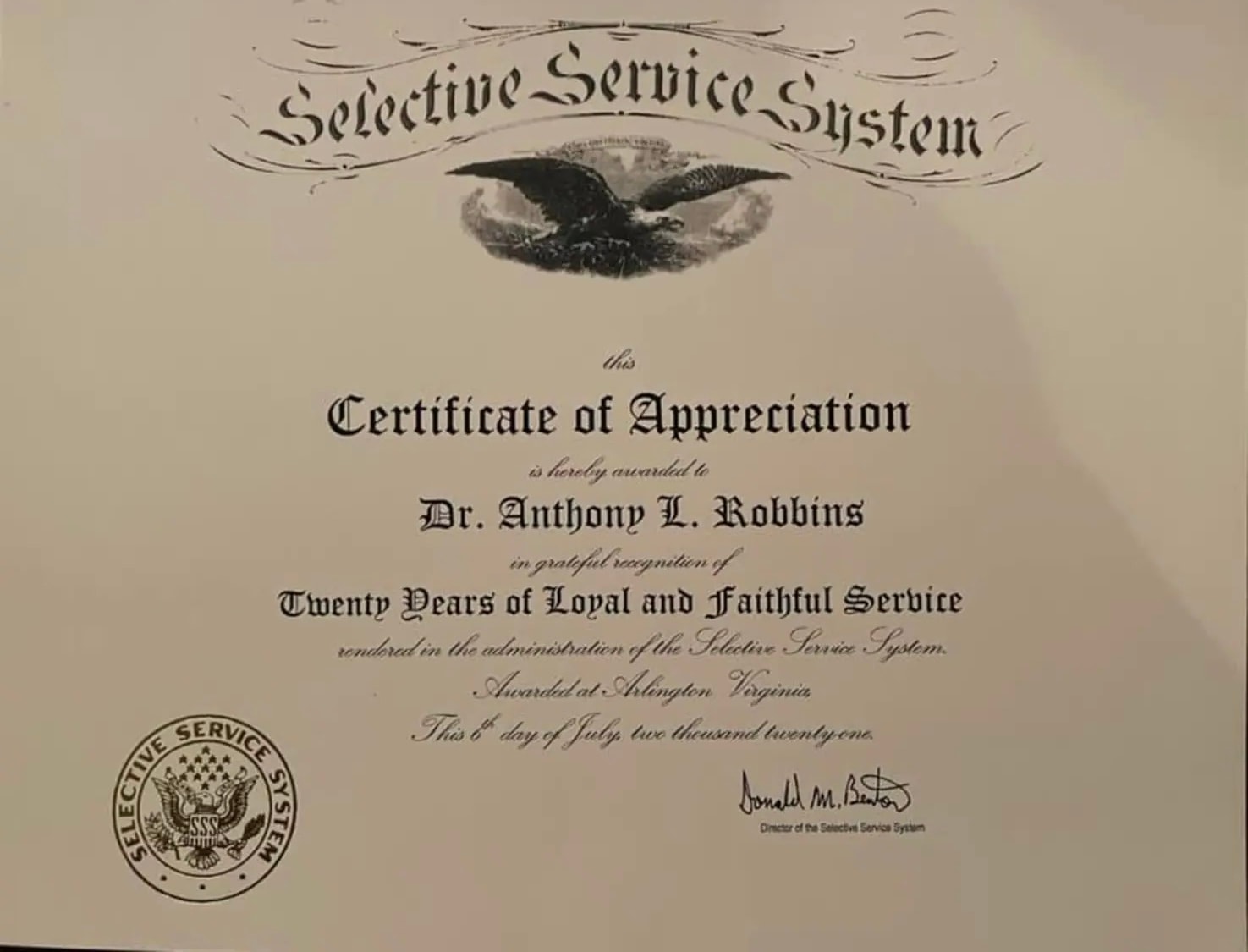 Selective Service System Certificate of Appreciation — Dr. Anthony L. Robbins, Twenty Years of Loyal and Faithful Service, July 6, 2021